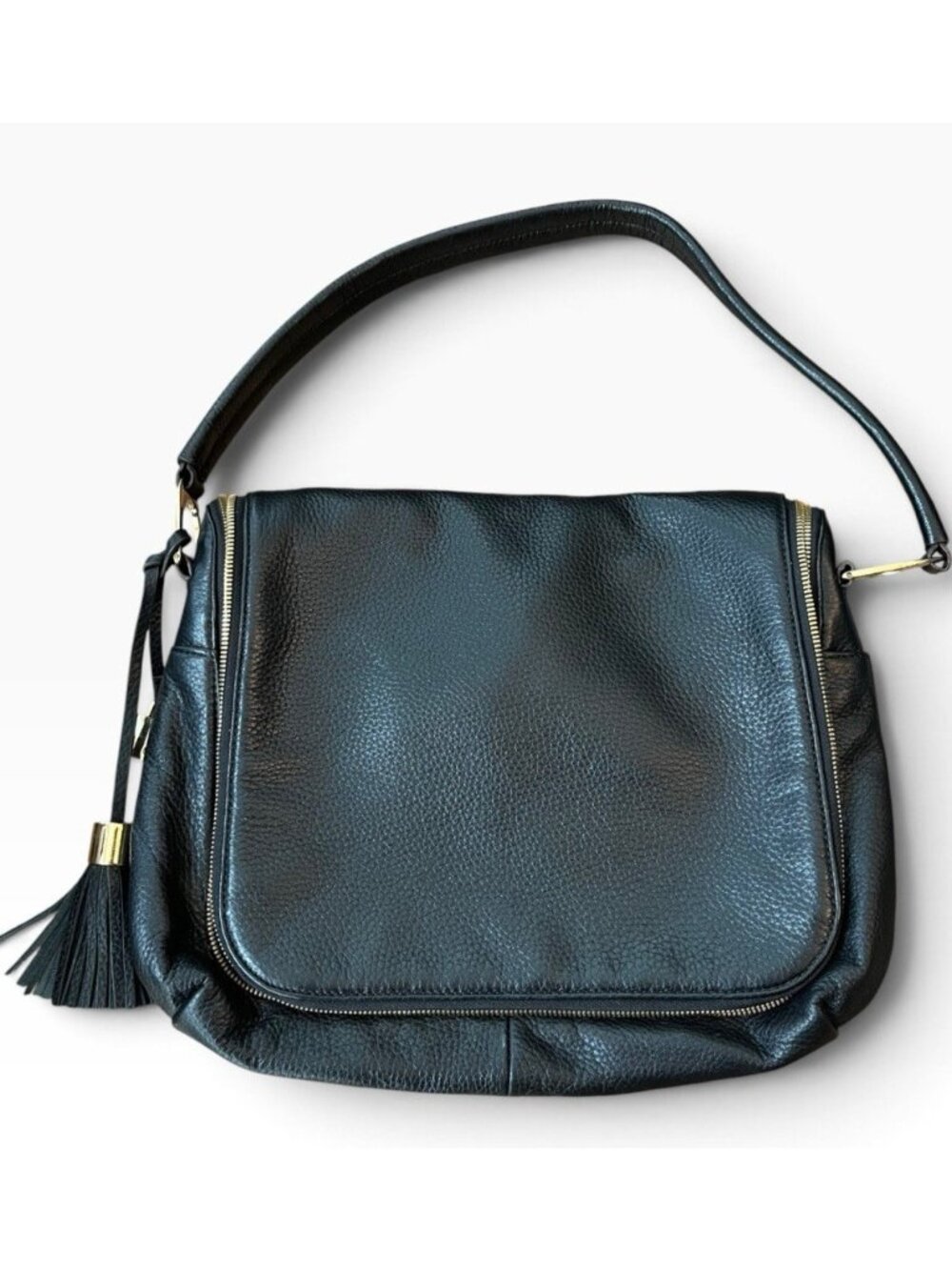 Black Pebbled Leather Messenger Bag Shoulder Purse Office Business Travel Tassel
